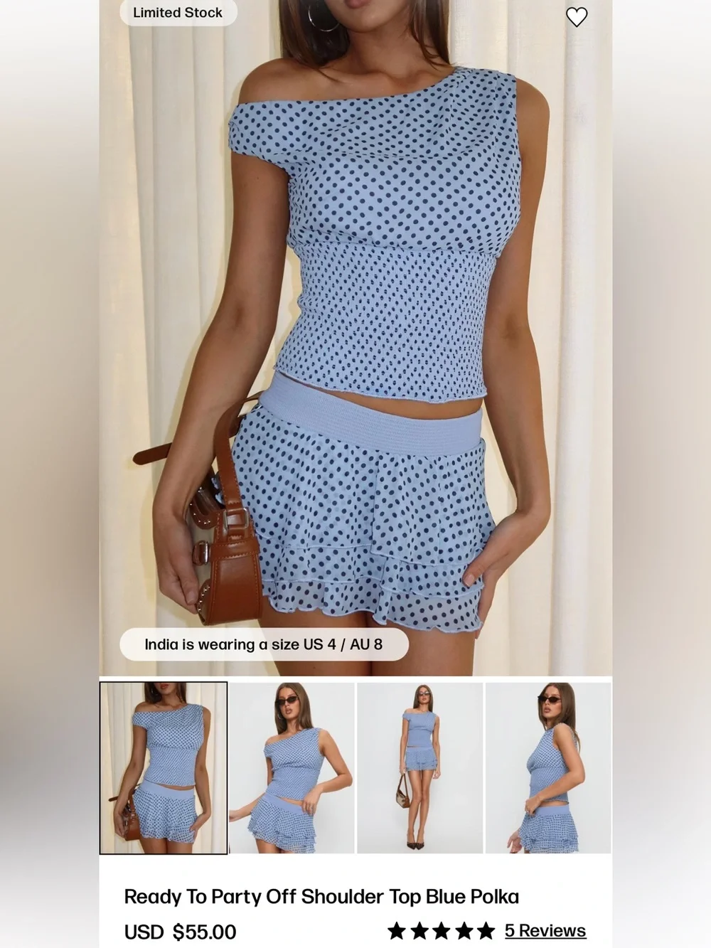 Princess Polly blue polka dot matching set - top & skirt